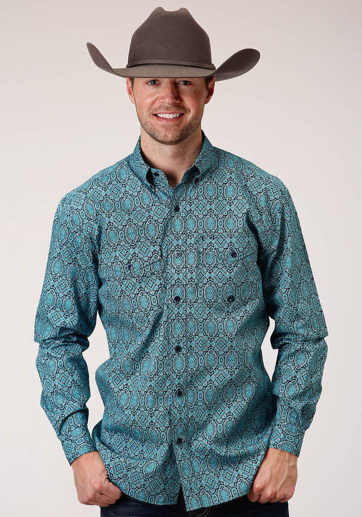 MENS LONG SLEEVE BUTTON MEDALLION PAISLEY WESTERN SHIRT