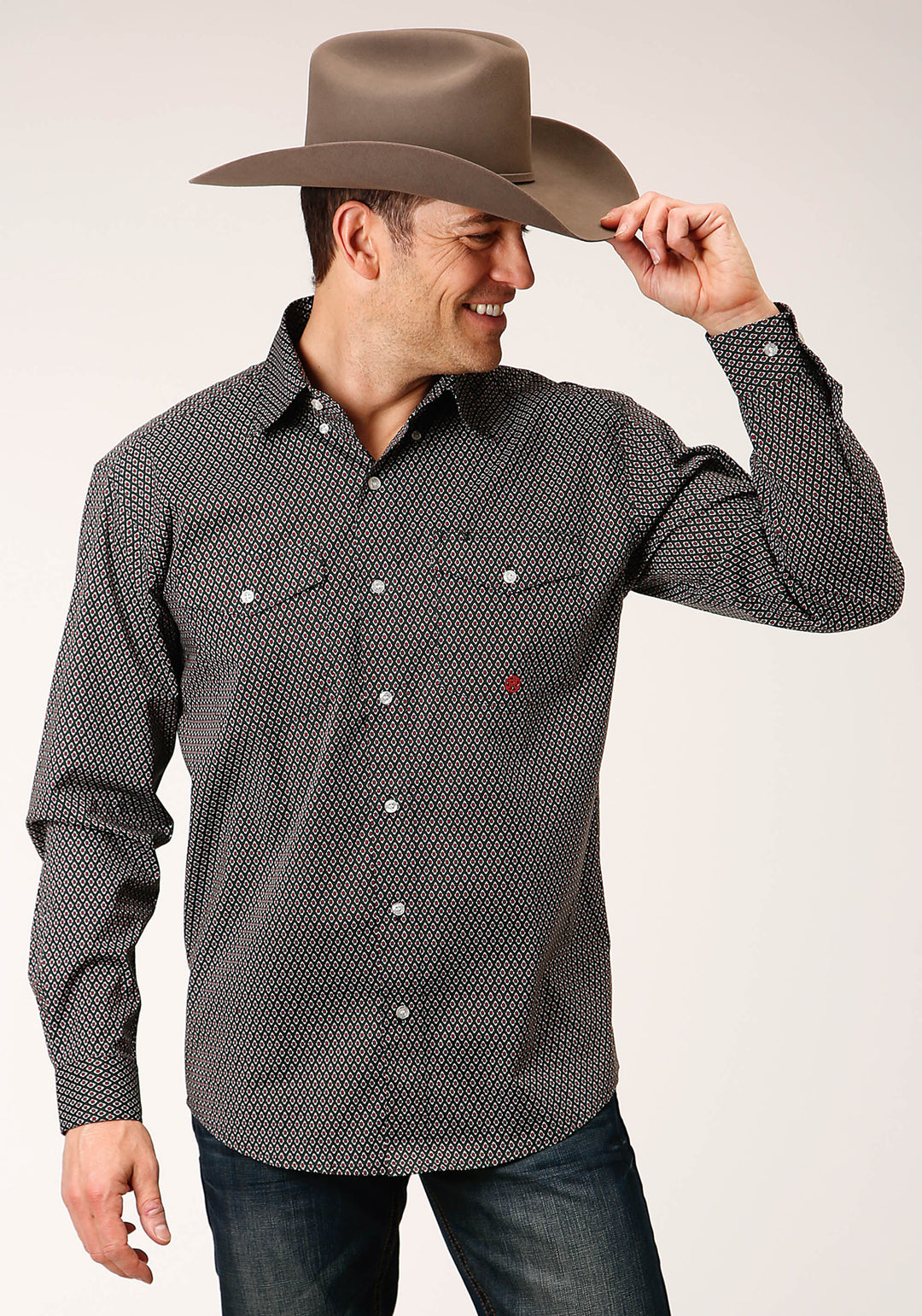 MENS LONG SLEEVE BUTTON DIAMOND NEAT  OLIVE WESTERN SHIRT