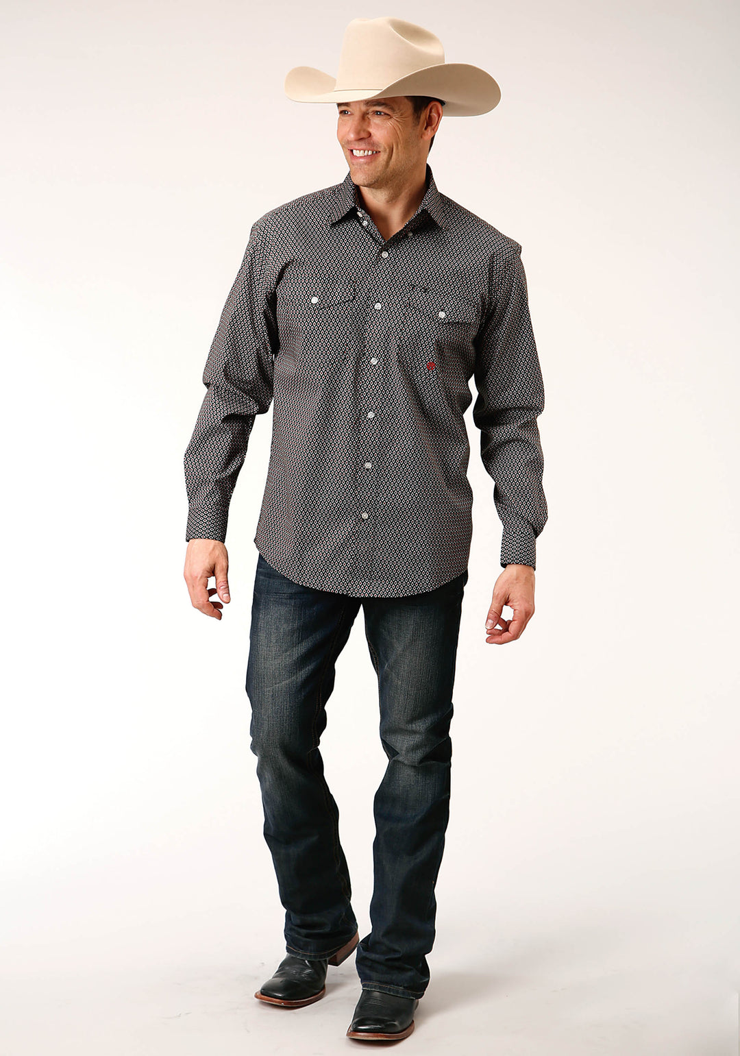 MENS LONG SLEEVE BUTTON DIAMOND NEAT  OLIVE WESTERN SHIRT