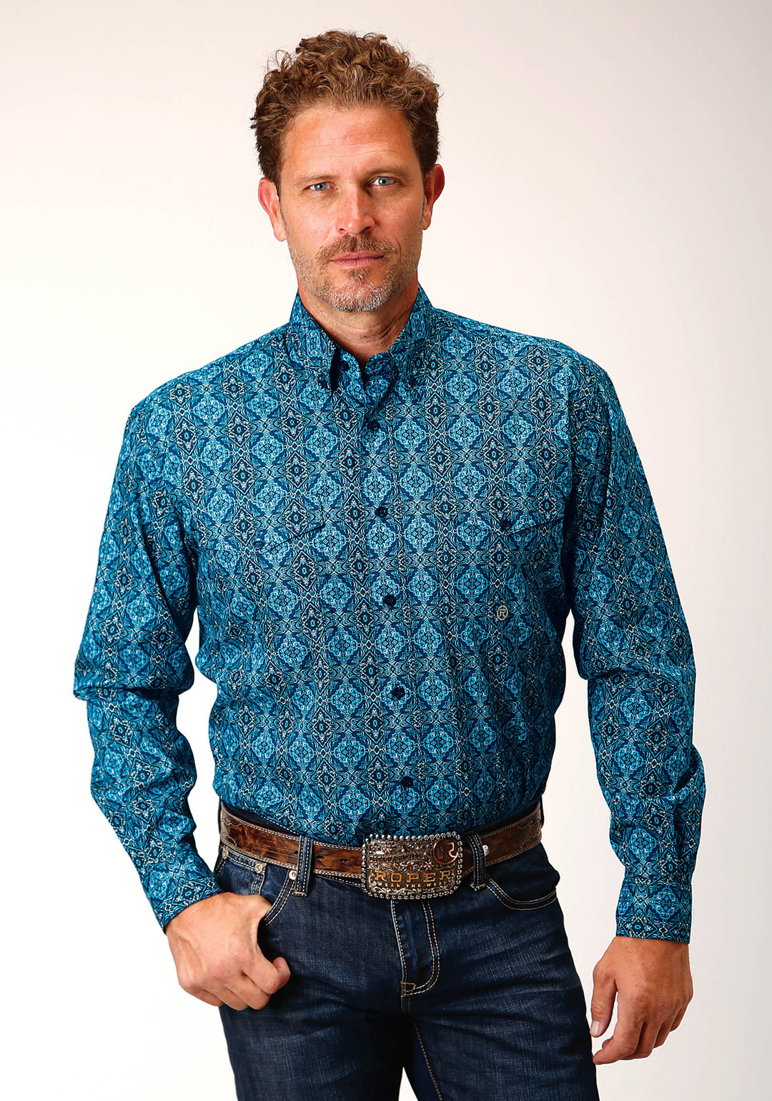 MENS LONG SLEEVE BUTTON GOTHIC MEDALLION WESTERN SHIRT