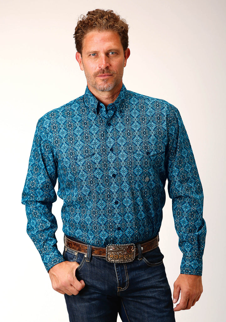 MENS LONG SLEEVE BUTTON GOTHIC MEDALLION WESTERN SHIRT