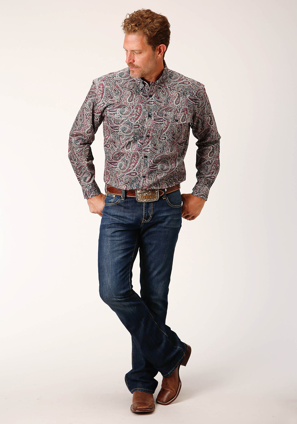 MENS LONG SLEEVE BUTTON OLD TIME PAISLEY WESTERN SHIRT