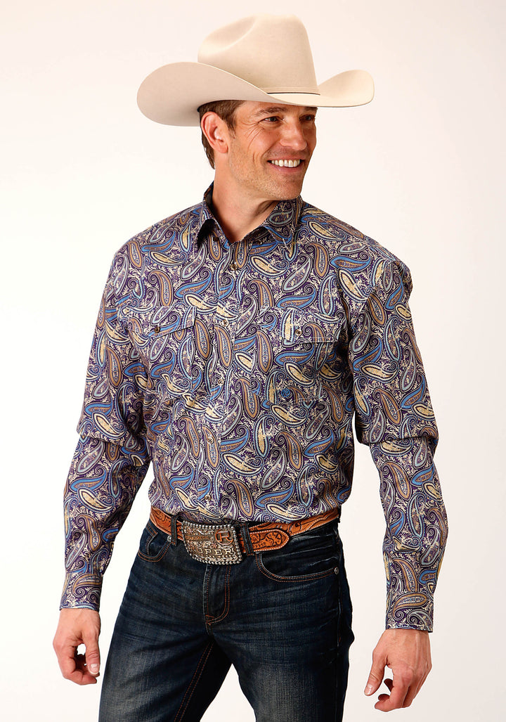 MENS LONG SLEEVE BUTTON ROYAL PAISLEY WESTERN SHIRT