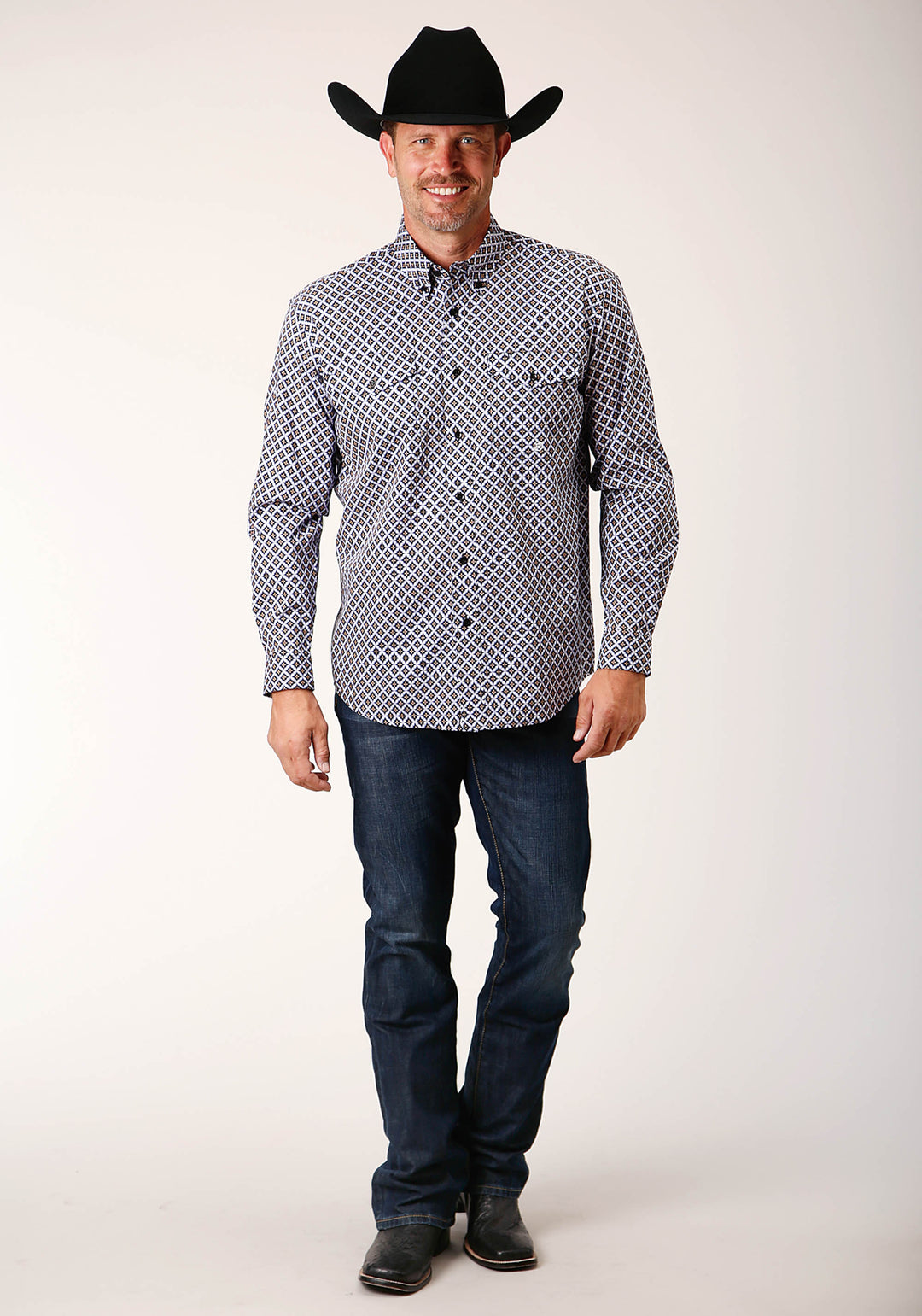 MENS LONG SLEEVE BUTTON TILE PATTERN FOULARD WESTERN SHIRT