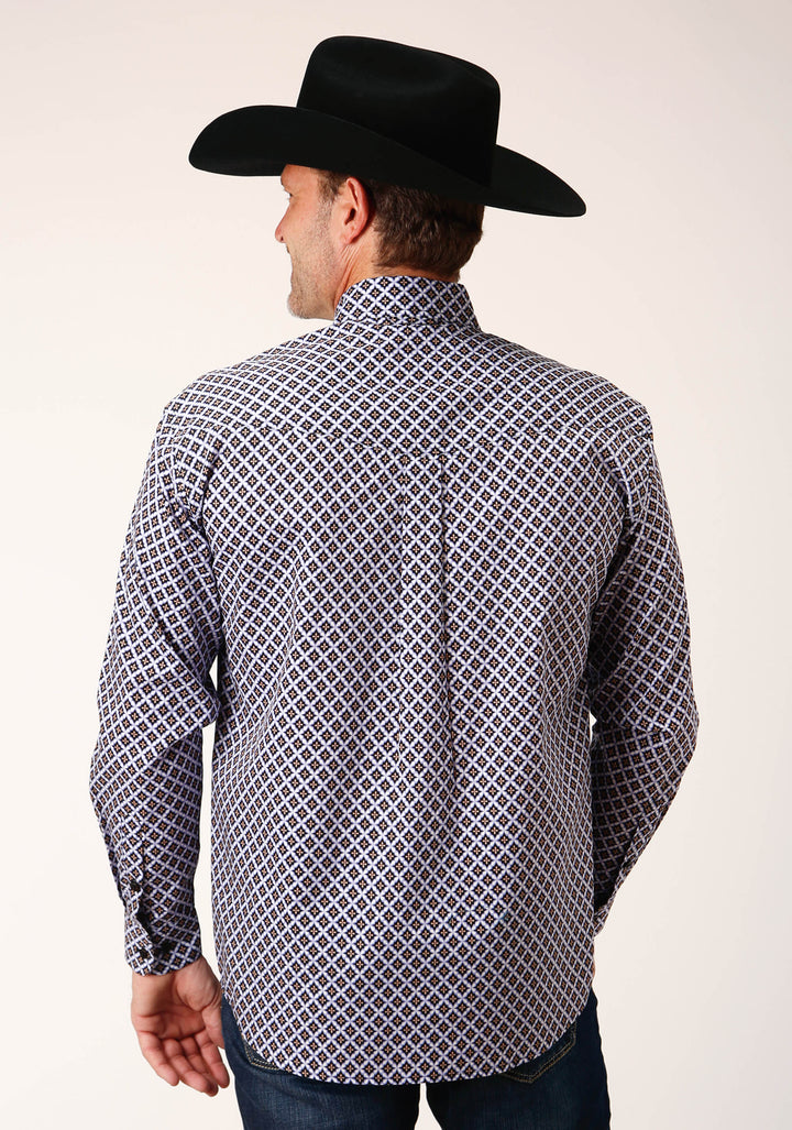 MENS LONG SLEEVE BUTTON TILE PATTERN FOULARD WESTERN SHIRT