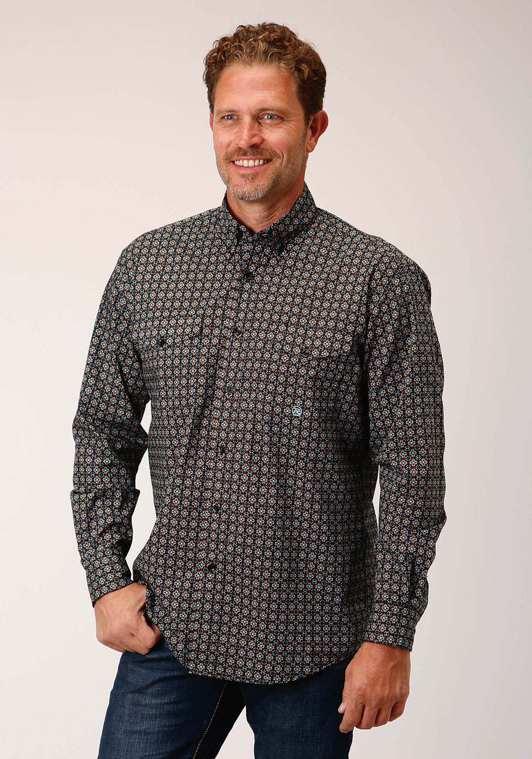 mens western dress shirt Men's Vintage Fringe Black Embroidered one point front yokes and two flap pockets Panhandle Men's Rough Stock Geo