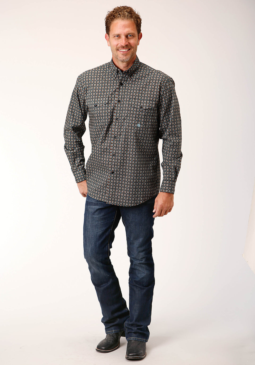 MENS LONG SLEEVE BUTTON WILD WEST FOULARD WESTERN SHIRT