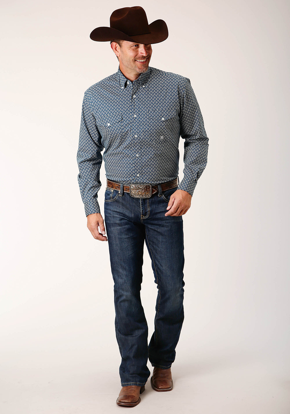 MENS LONG SLEEVE BUTTON DIAMOND PRINT  NAVY WESTERN SHIRT