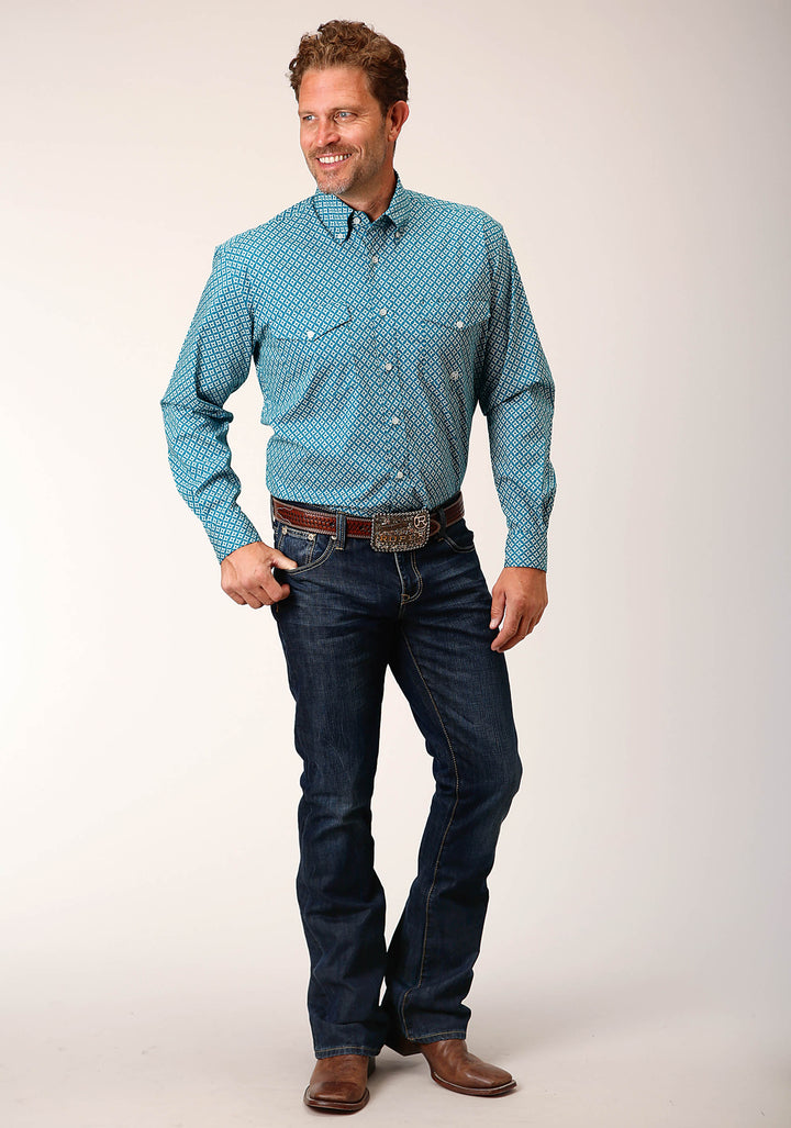 MENS LONG SLEEVE BUTTON DIAMOND PRINT  TURQUOISE WESTERN SHIRT