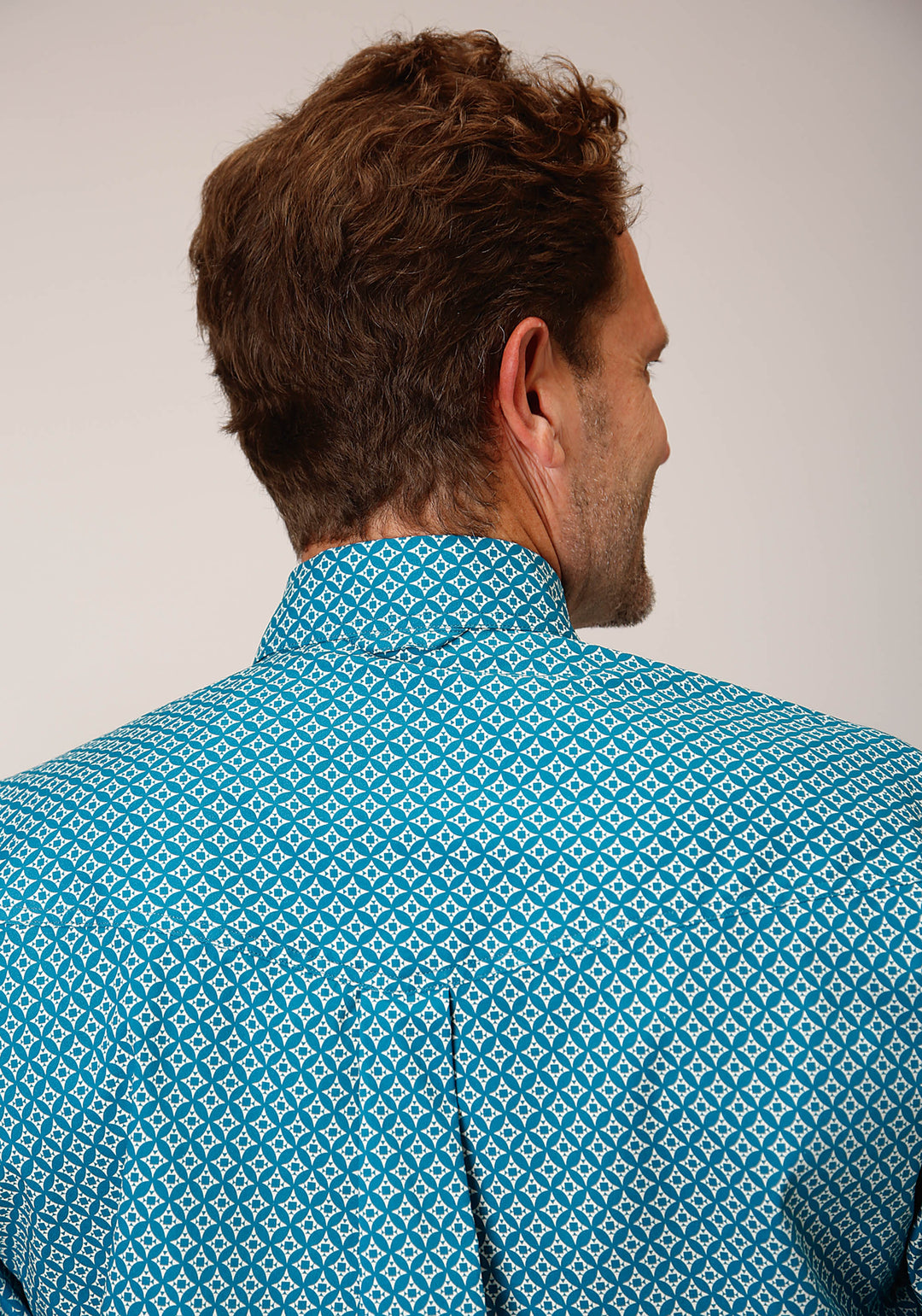 MENS LONG SLEEVE BUTTON DIAMOND PRINT  TURQUOISE WESTERN SHIRT
