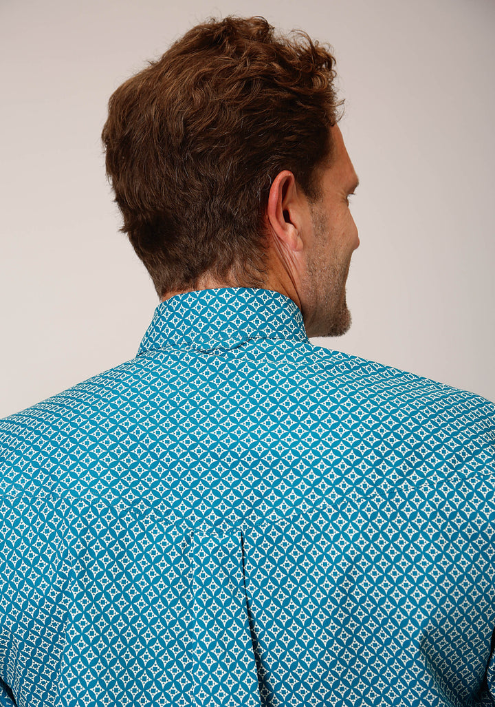 MENS LONG SLEEVE BUTTON DIAMOND PRINT  TURQUOISE WESTERN SHIRT