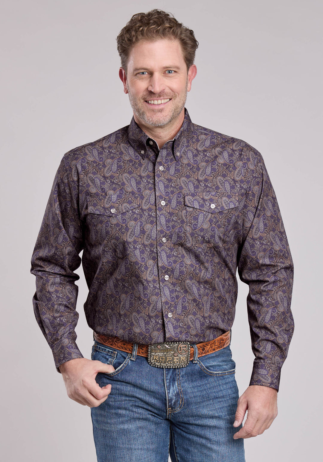 MENS LONG SLEEVE BUTTON PURPLE HAZE PAISLEY WESTERN SHIRT
