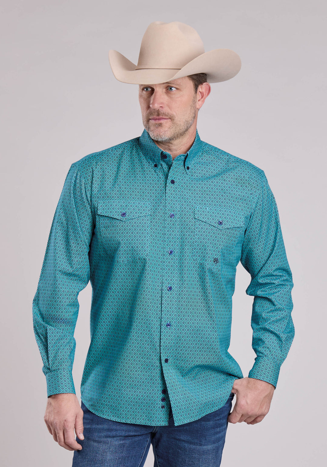 MENS LONG SLEEVE BUTTON AZTEC DIAMOND GEO WESTERN SHIRT