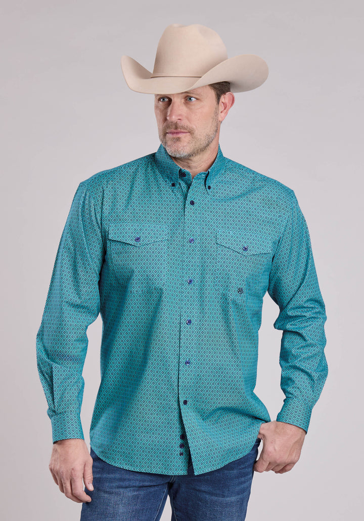 MENS LONG SLEEVE BUTTON AZTEC DIAMOND GEO WESTERN SHIRT