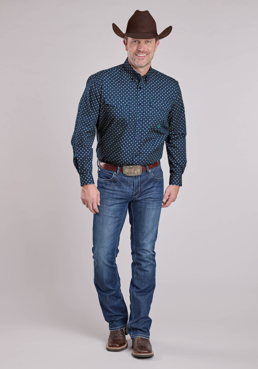 MENS LONG SLEEVE BUTTON PINWHEEL FOULARD WESTERN SHIRT