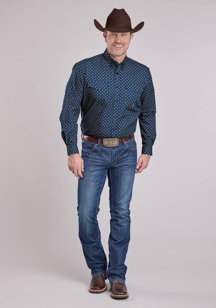 MENS LONG SLEEVE BUTTON PINWHEEL FOULARD WESTERN SHIRT