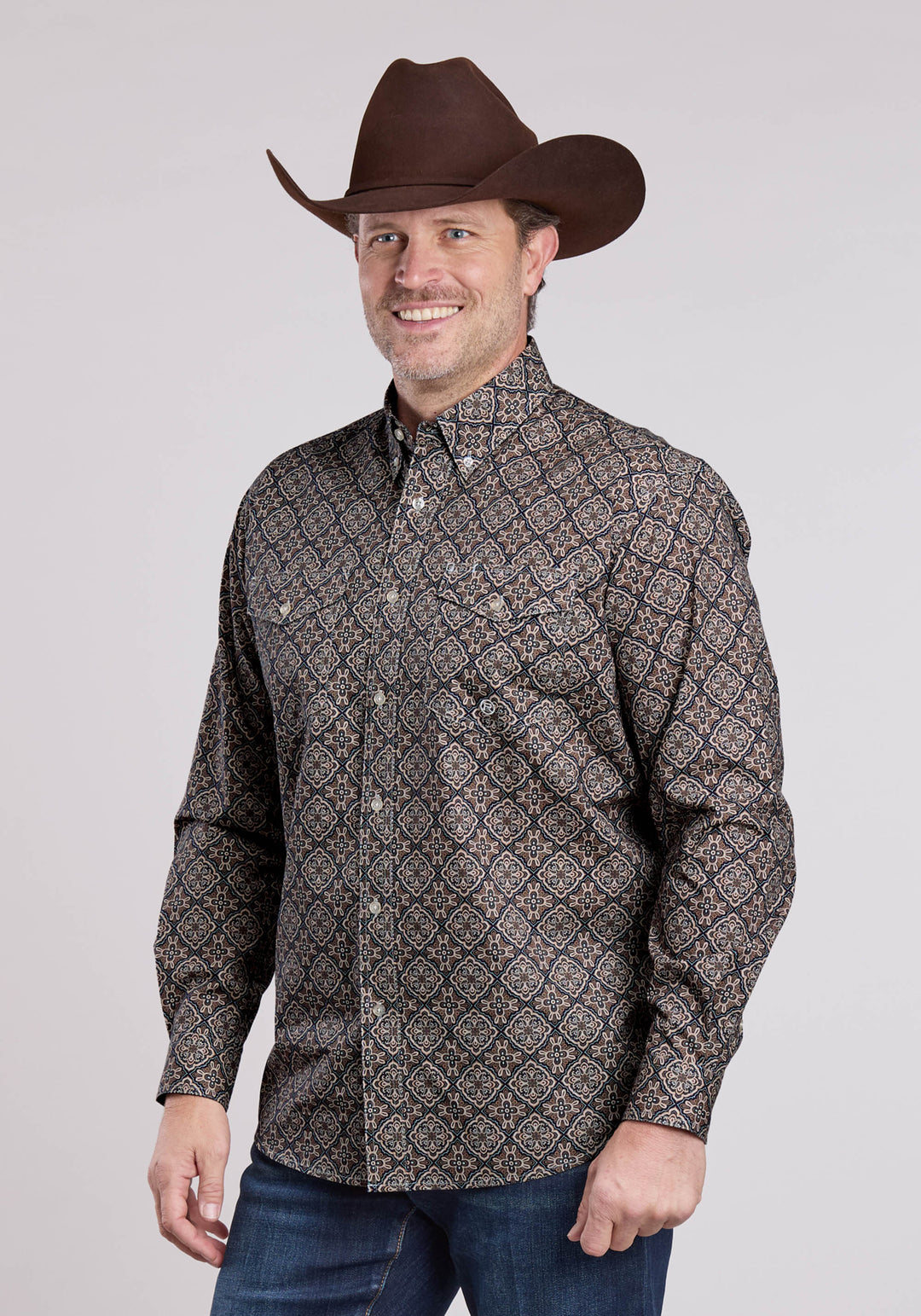 MENS LONG SLEEVE BUTTON BRONZE MEDALLION WESTERN SHIRT