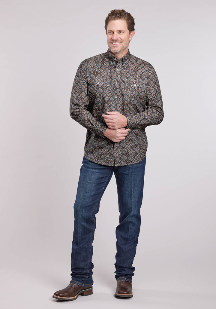MENS LONG SLEEVE BUTTON BRONZE MEDALLION WESTERN SHIRT