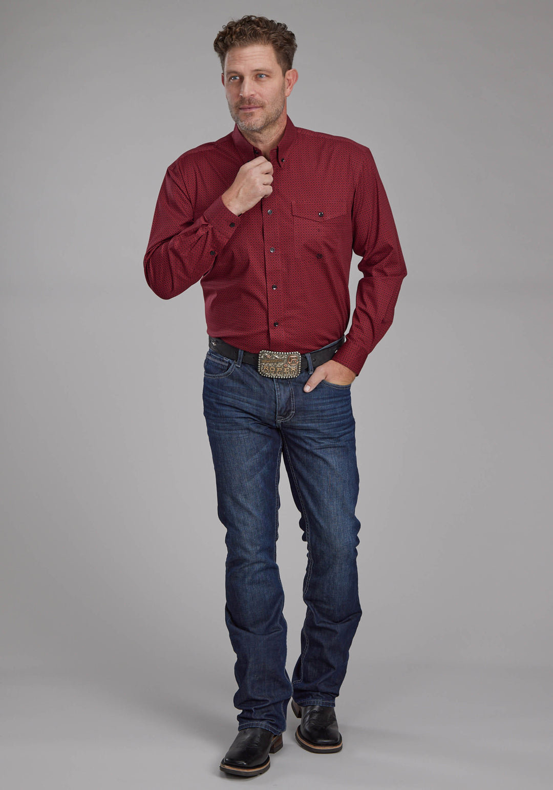MENS DIAMOND PRINT STRETCH POPLIN - RED LONG SLEEVE BUTTON WESTERN SHIRT
