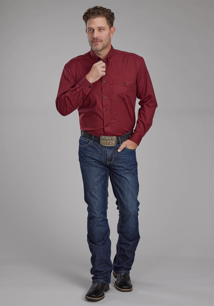 MENS DIAMOND PRINT STRETCH POPLIN - RED LONG SLEEVE BUTTON WESTERN SHIRT