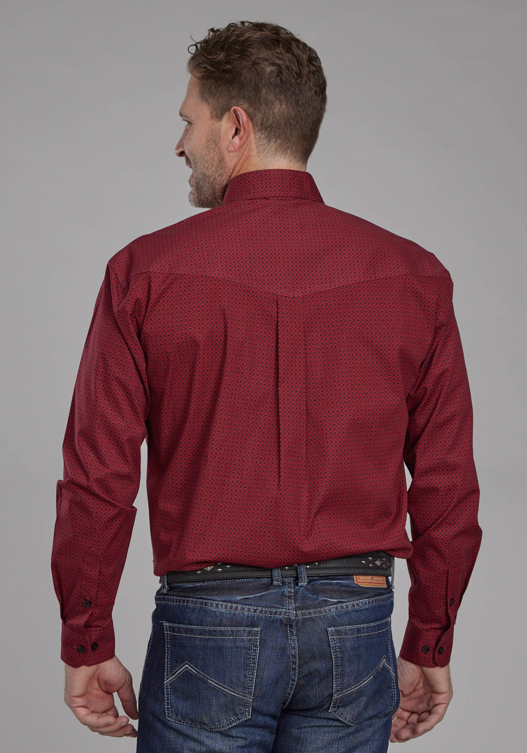 MENS DIAMOND PRINT STRETCH POPLIN - RED LONG SLEEVE BUTTON WESTERN SHIRT
