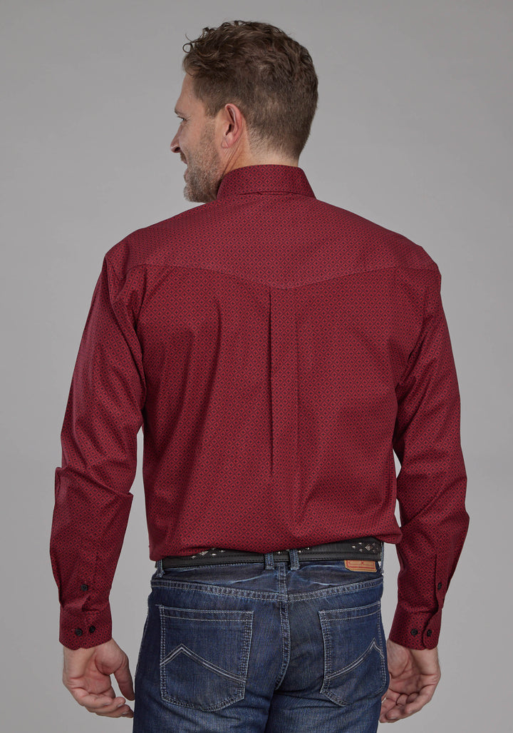 MENS DIAMOND PRINT STRETCH POPLIN - RED LONG SLEEVE BUTTON WESTERN SHIRT