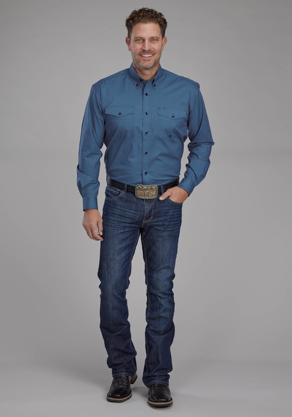 MENS DIAMOND PRINT STRETCH POPLIN - BLUE LONG SLEEVE BUTTON WESTERN SHIRT