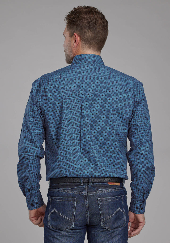 MENS DIAMOND PRINT STRETCH POPLIN - BLUE LONG SLEEVE BUTTON WESTERN SHIRT
