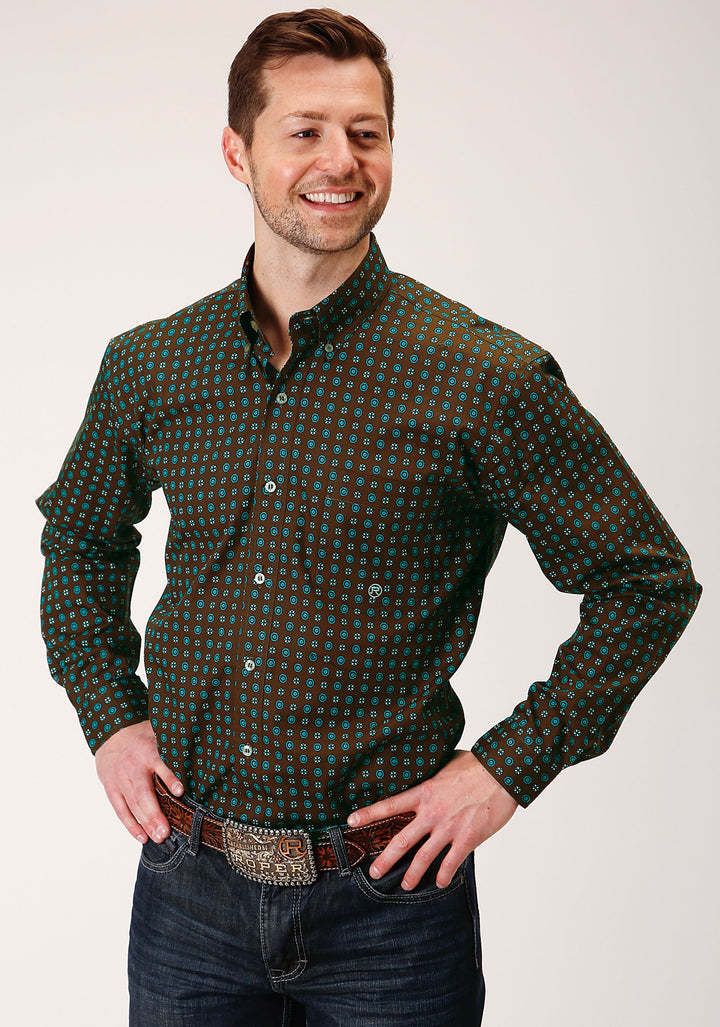 MENS LONG SLEEVE BUTTON CHOCOLATE AGAVE FOULARD WESTERN SHIRT
