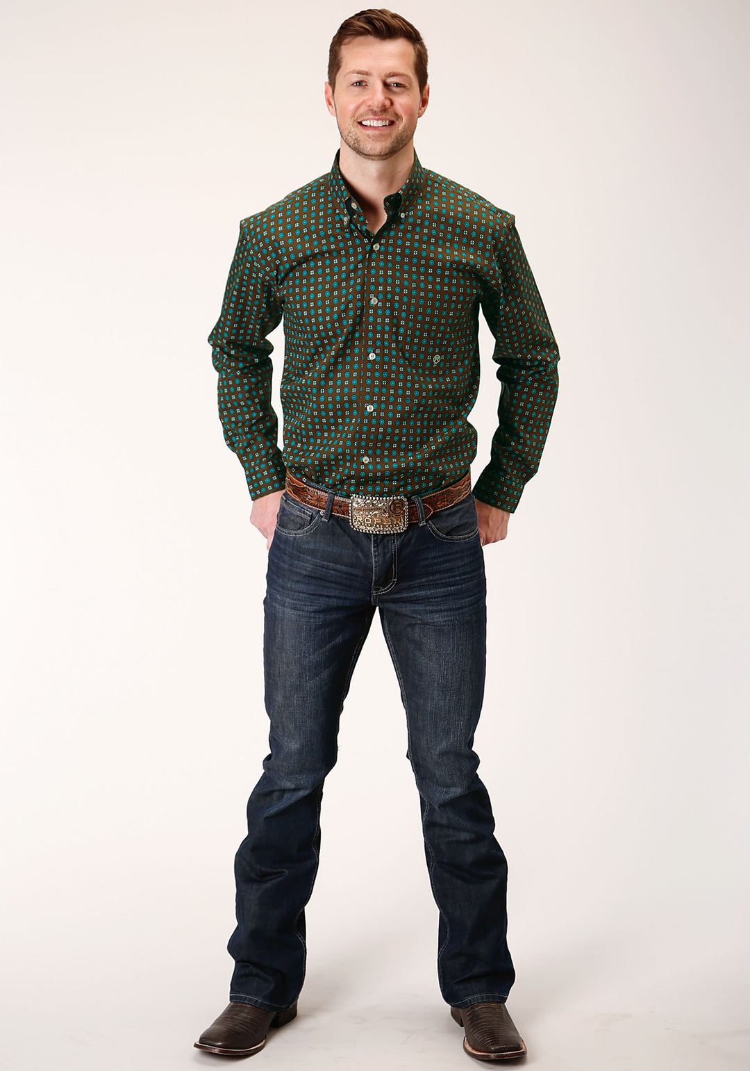 MENS LONG SLEEVE BUTTON CHOCOLATE AGAVE FOULARD WESTERN SHIRT