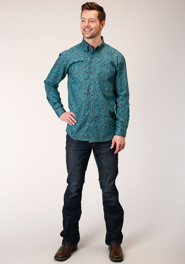 MENS LONG SLEEVE BUTTON BLUE AGAVE PAISLEY WESTERN SHIRT