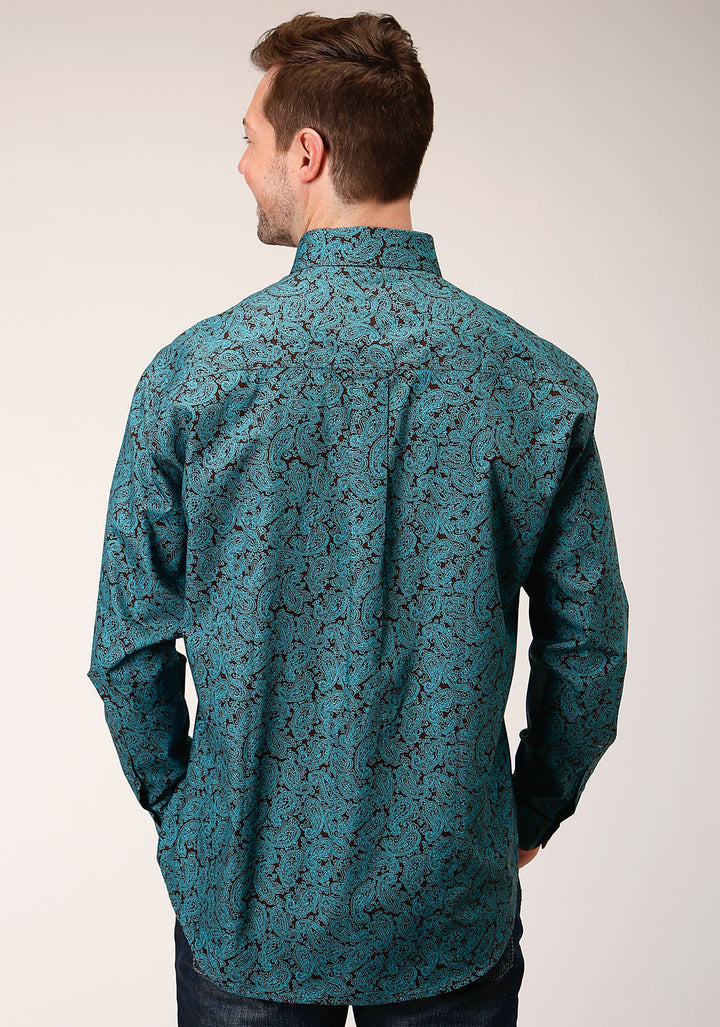 MENS LONG SLEEVE BUTTON BLUE AGAVE PAISLEY WESTERN SHIRT