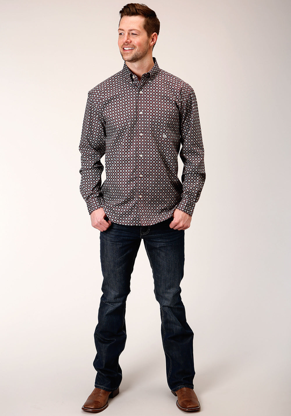 MENS LONG SLEEVE BUTTON RED CURRANT FOULARD WESTERN SHIRT