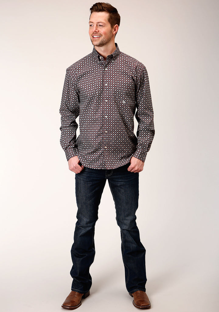 MENS LONG SLEEVE BUTTON RED CURRANT FOULARD WESTERN SHIRT