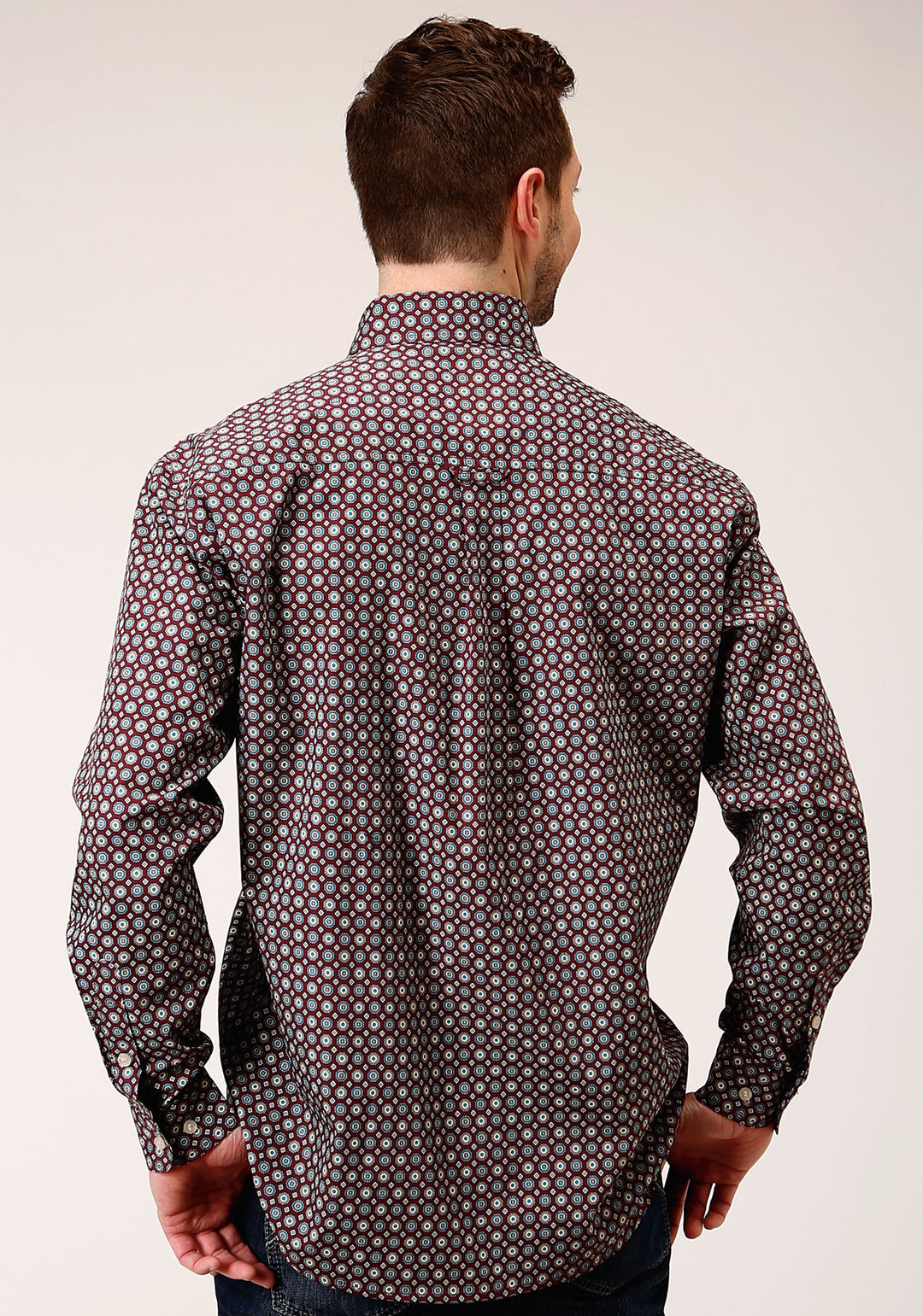 MENS LONG SLEEVE BUTTON RED CURRANT FOULARD WESTERN SHIRT