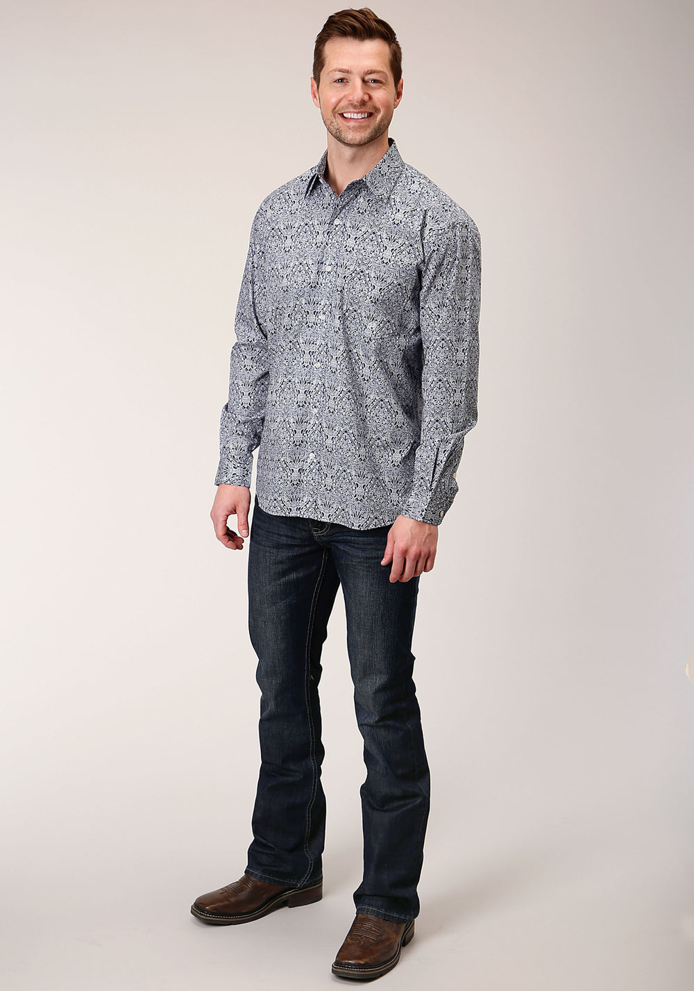 MENS LONG SLEEVE BUTTON CRYSTAL MEDALLION WESTERN SHIRT