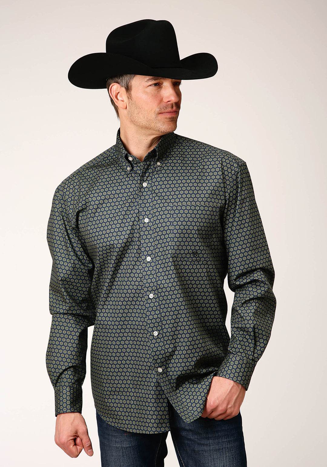 MENS LONG SLEEVE BUTTON HONEYCOMB FOULARD WESTERN SHIRT