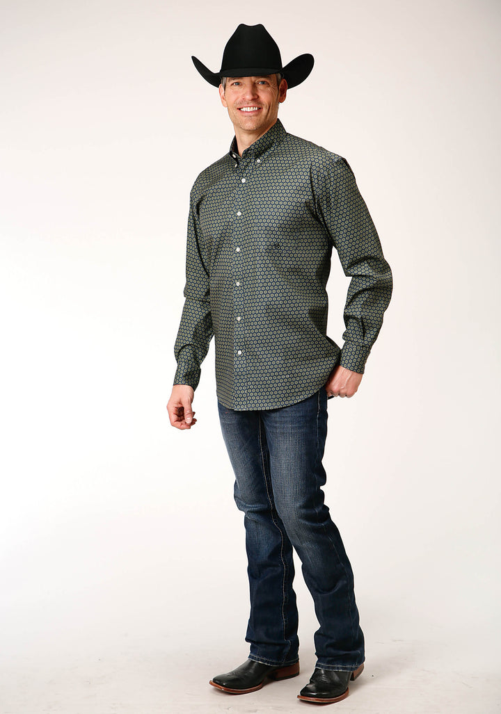 MENS LONG SLEEVE BUTTON HONEYCOMB FOULARD WESTERN SHIRT