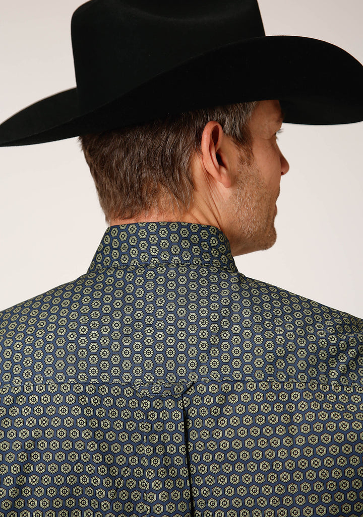 MENS LONG SLEEVE BUTTON HONEYCOMB FOULARD WESTERN SHIRT