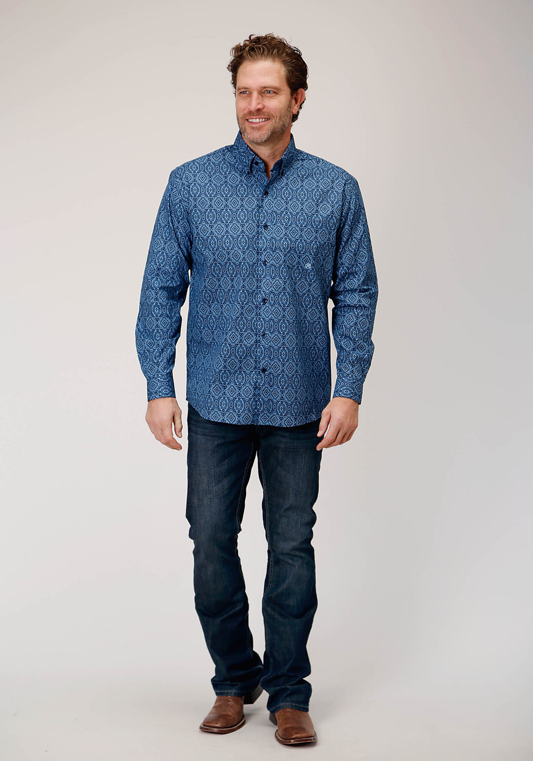 MENS LONG SLEEVE BUTTON MEDALLION PAISLEY WESTERN SHIRT