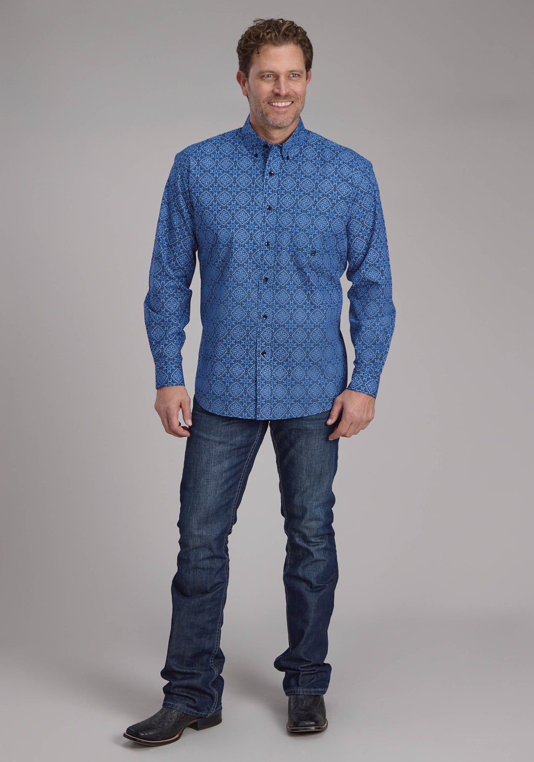 MENS SAPHIRE ORNAMENTAL LONG SLEEVE BUTTON WESTERN SHIRT