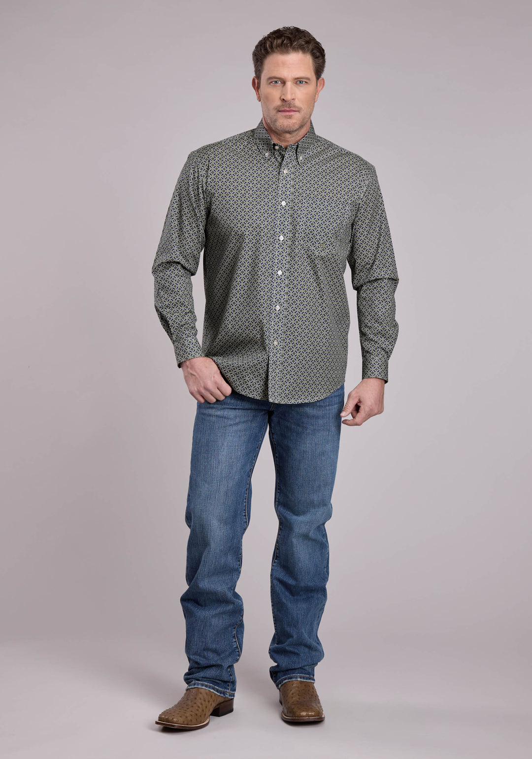 MENS LONG SLEEVE BUTTON PINE FOULARD WESTERN SHIRT