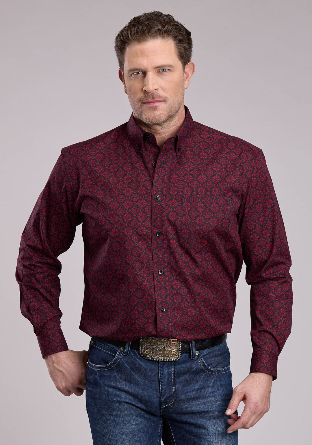 MENS LONG SLEEVE BUTTON GARNET MEDALLION WESTERN SHIRT