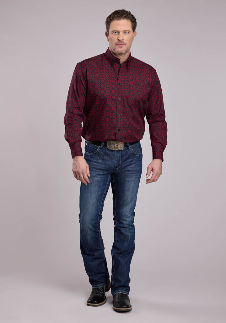 MENS LONG SLEEVE BUTTON GARNET MEDALLION WESTERN SHIRT