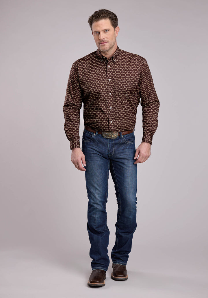 MENS LONG SLEEVE BUTTON STRETCH POPLIN PAISLEY - BROWN WESTERN SHIRT