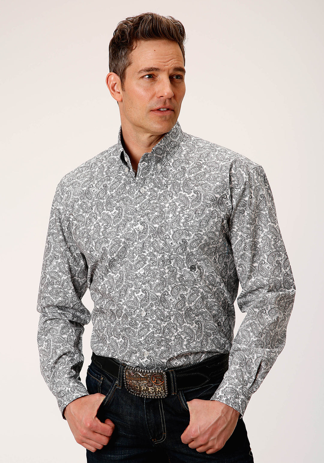 MENS LONG SLEEVE BUTTON LINE PAISLEY WESTERN SHIRT