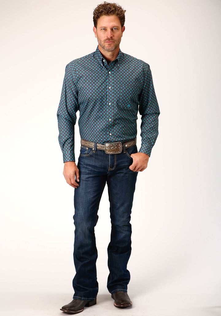 MENS LONG SLEEVE BUTTON GREY COTTAGE FOULARD WESTERN SHIRT