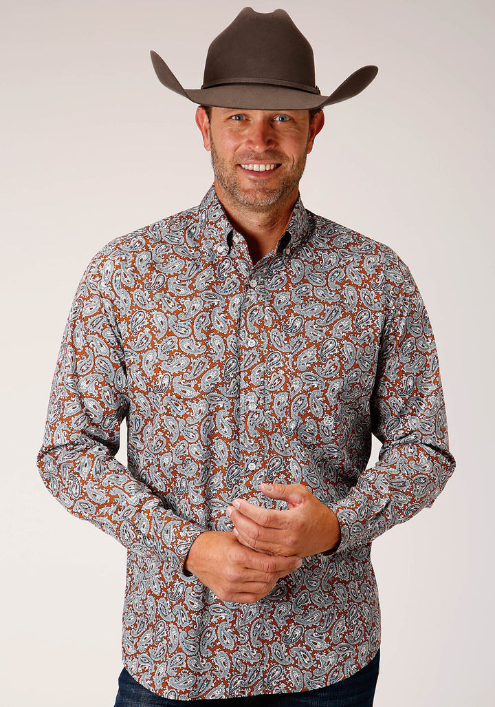 MENS LONG SLEEVE BUTTON COPPER SPRING PAISLEY WESTERN SHIRT