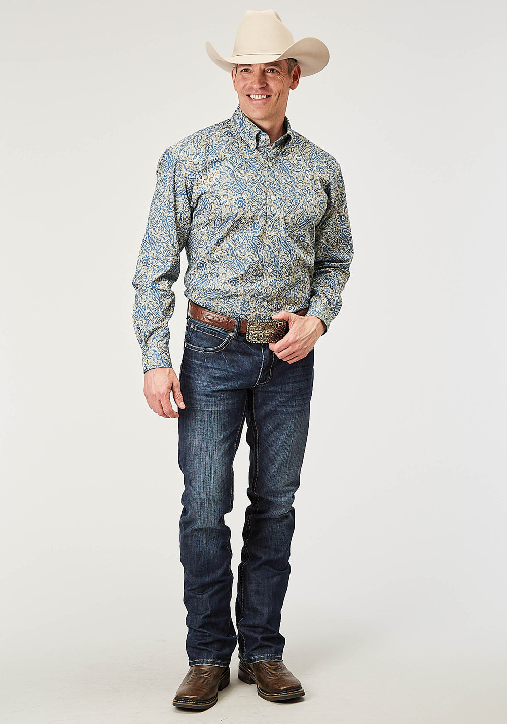MENS LONG SLEEVE BUTTON DELFT PAISLEY WESTERN SHIRT