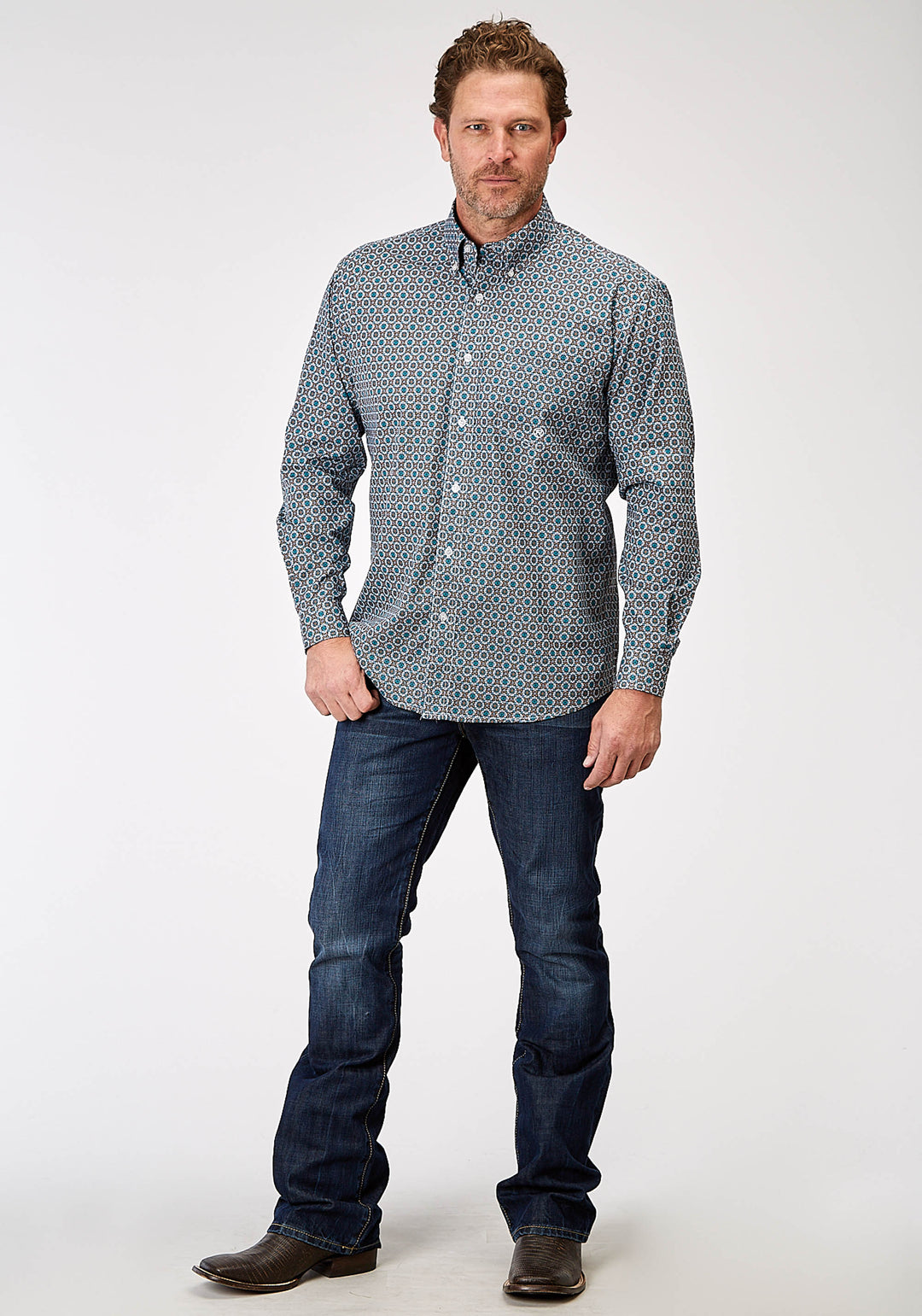 MENS LONG SLEEVE BUTTON FRONTIER FOULARD WESTERN SHIRT